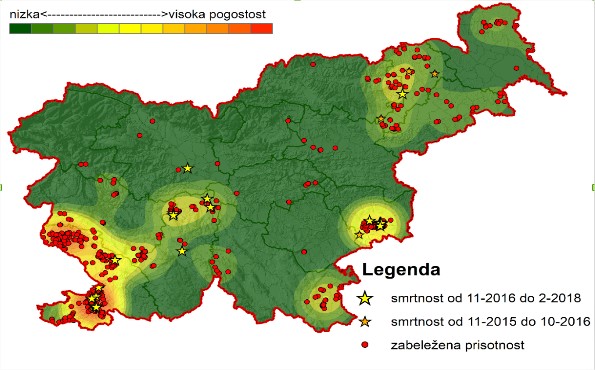 Gostota opažanja znakov prisotnosti šakala v Sloveniji, ki jih vpisujejo lovci, gozdarji in drugi zainteresirani v posebno spletno aplikacijo MONITORING ŠAKALA. Aplikacijo so izdelali v okviru raziskovalnega projekta ob podpori Lovske zveze Slovenije.